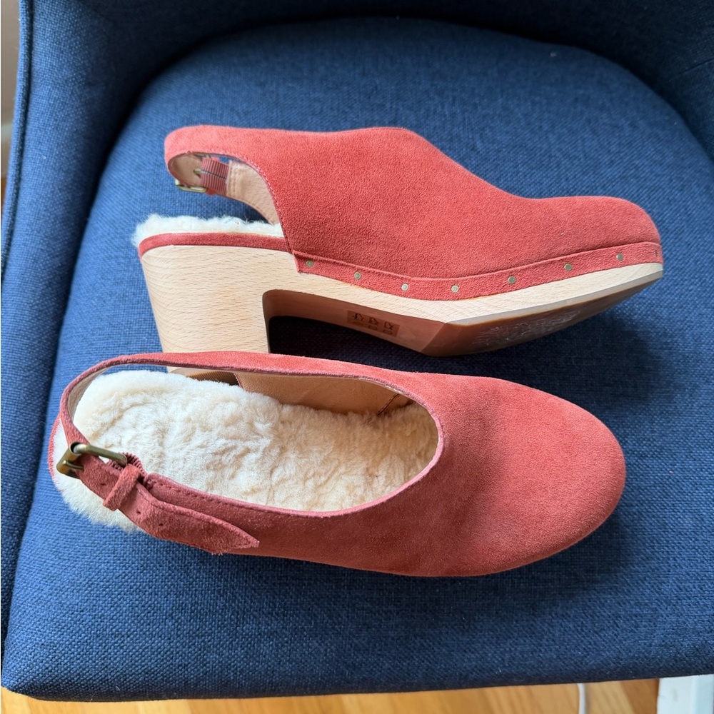 Anthropologie dark orange Suede Clogs with Shearling